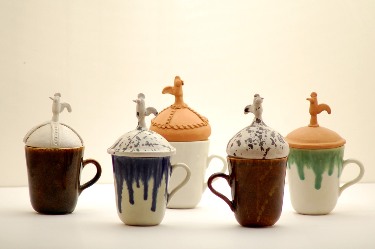 Cups with cockerel, porcelain, earthenware, majolica, 2004