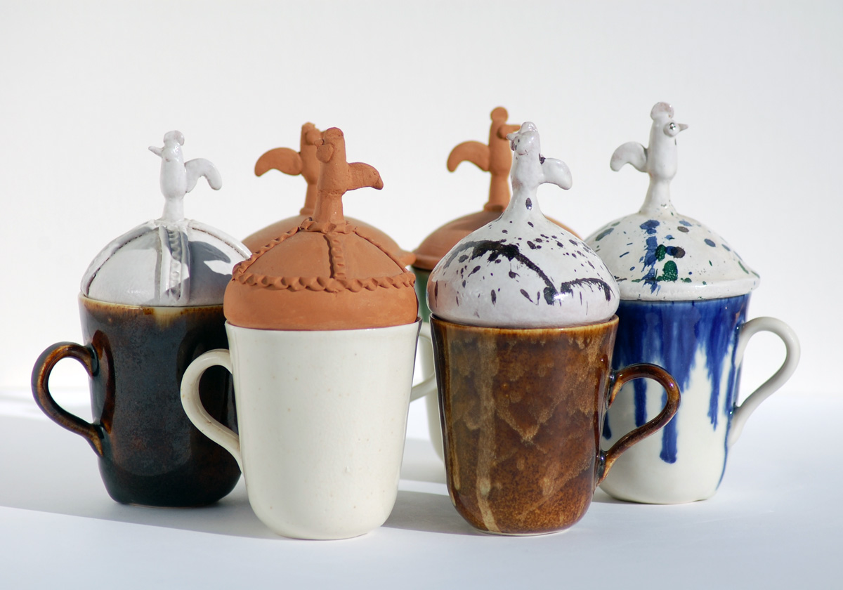 Cups with cockerel, porcelain, earthenware, majolica, 2004